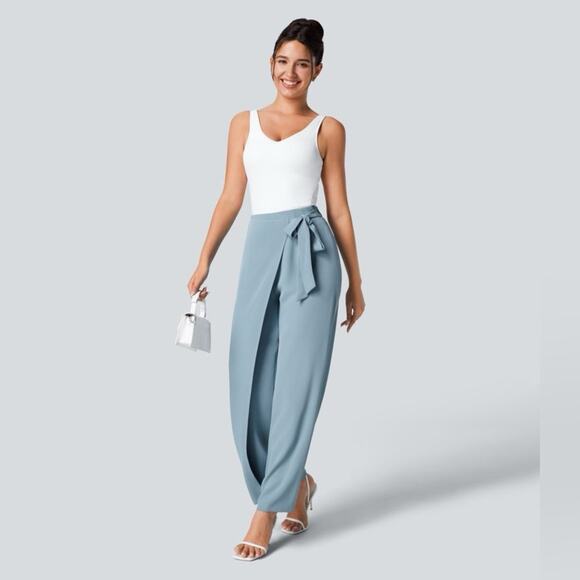 Halara High Waisted Tie Side Wide Leg Work Pants Forget-Me-Not Slate Blue - Picture 7 of 12